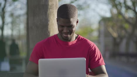 Joven-Afroamericano-Trabajando-En-Una-Computadora-Portátil-En-El-Parque,-Sonriendo